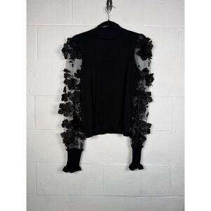 CACHÉ Black Floral Mesh Sleeve Sweater XS Coquette Romantic Sheer Statement Top